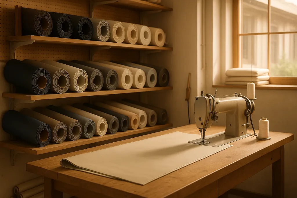Marine upholstery workshop with rolls of vinyl